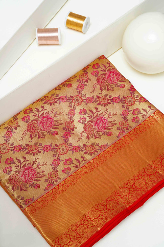 Rose Floral Trellis Meenakari Pure Tissue Silk Saree
