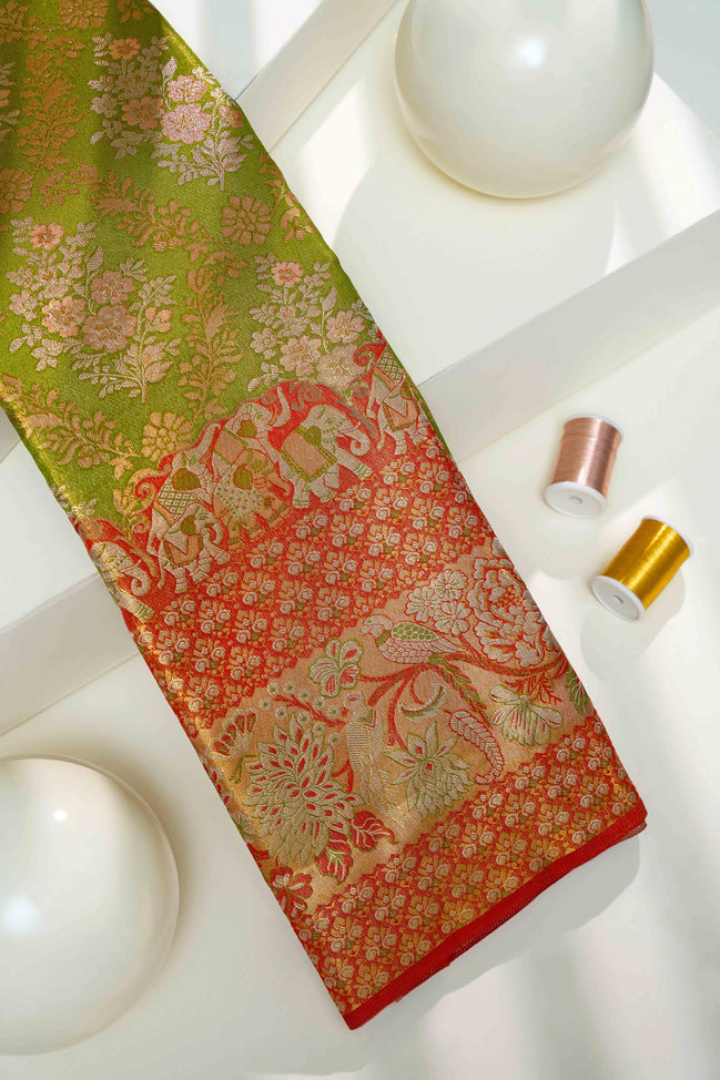 Meenakari Floral Jaal & Royal Elephant Motif Tissue Silk Saree
