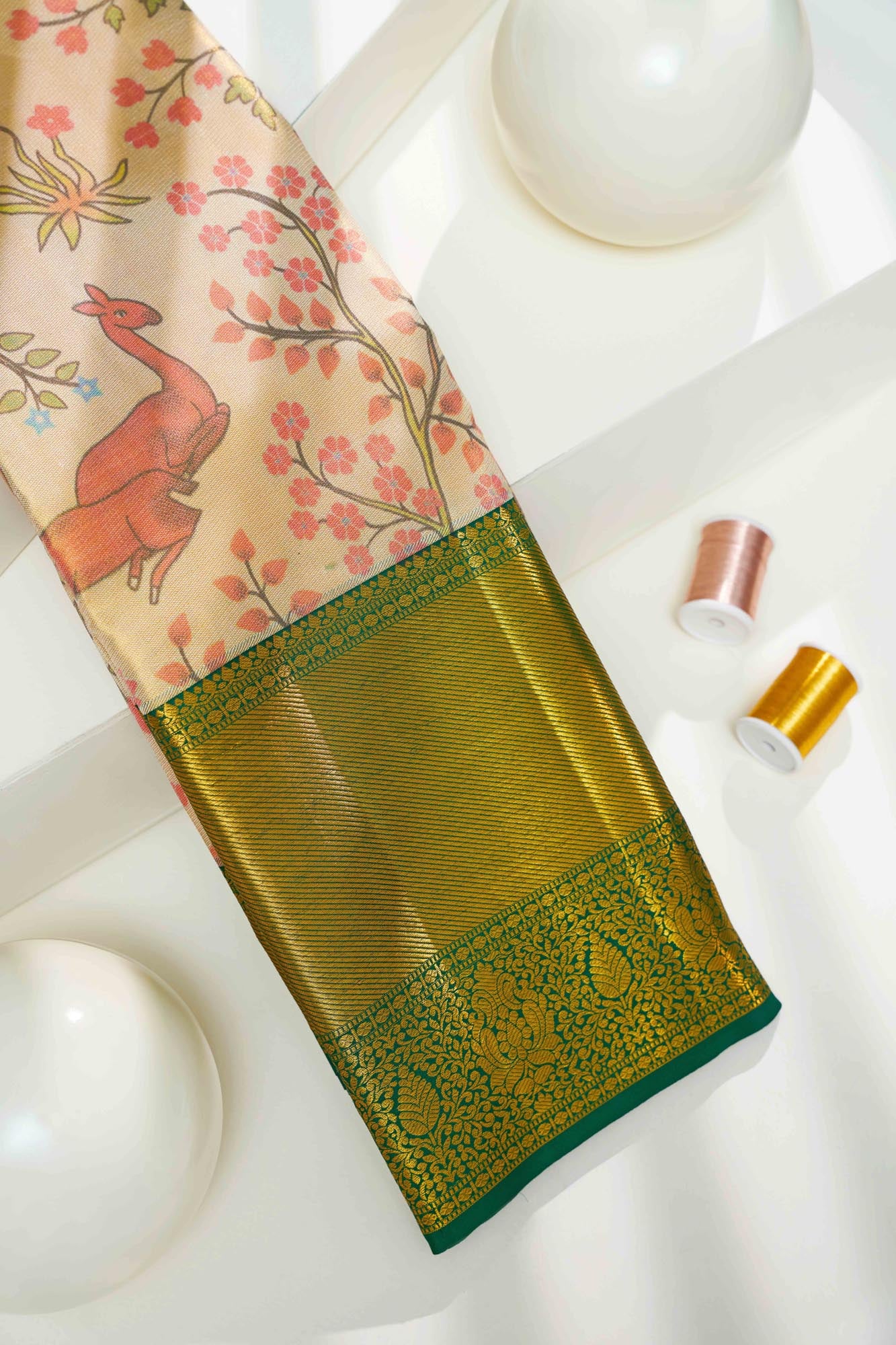 Forest Wildlife & Floral Tree Kalamkari Tissue Silk Saree