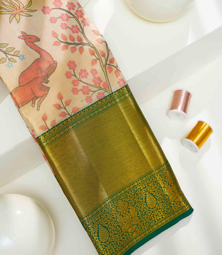 Forest Wildlife & Floral Tree Kalamkari Tissue Silk Saree