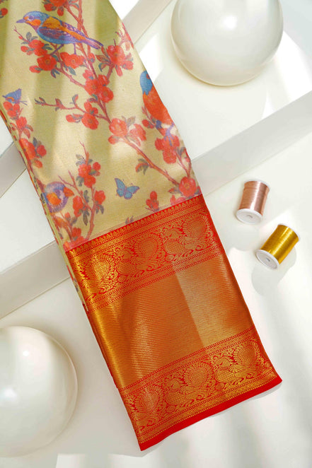Floral Branch & Perching Bird Kalamkari Tissue Silk Saree