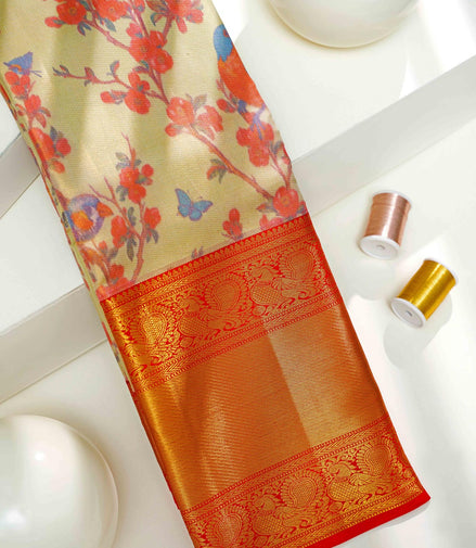 Floral Branch & Perching Bird Kalamkari Tissue Silk Saree