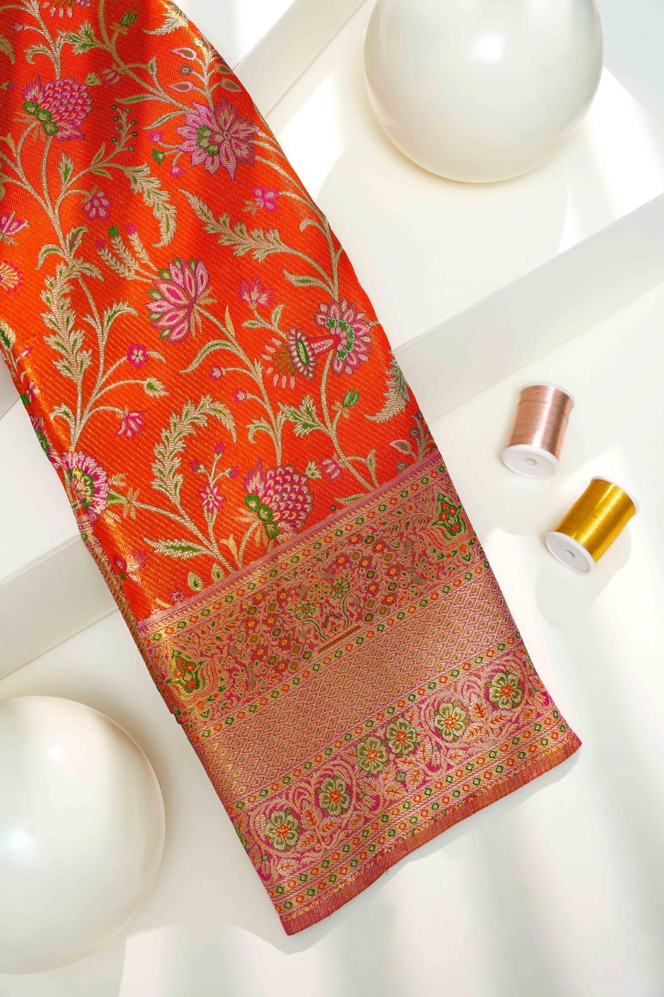 Vibrant Floral Jaal & Meenakari Motif Pure Silk Saree (Silver Touch)