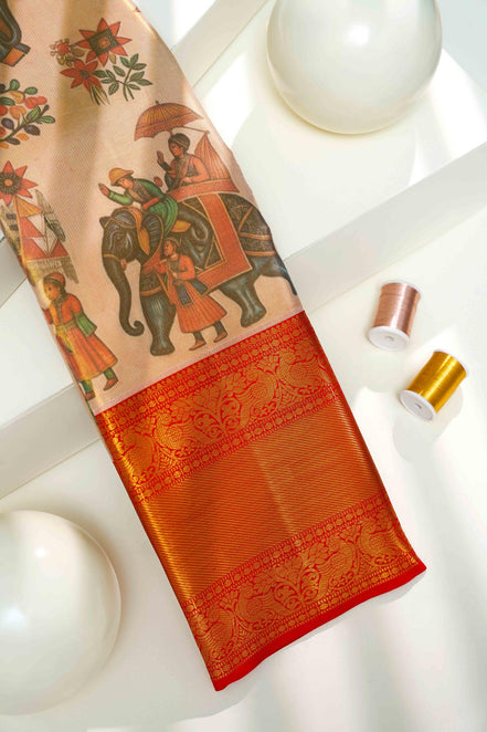 Royal Elephant Procession Kalamkari Pure Tissue Silk Saree