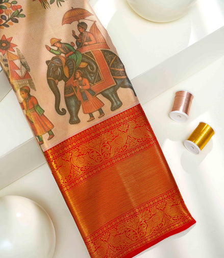 Royal Elephant Procession Kalamkari Pure Tissue Silk Saree