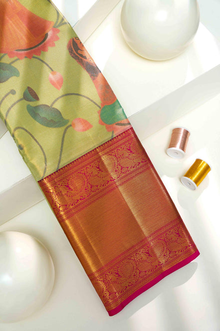 Traditional Figure & Lotus Bud Pen-Kalamkari Tissue Silk Saree