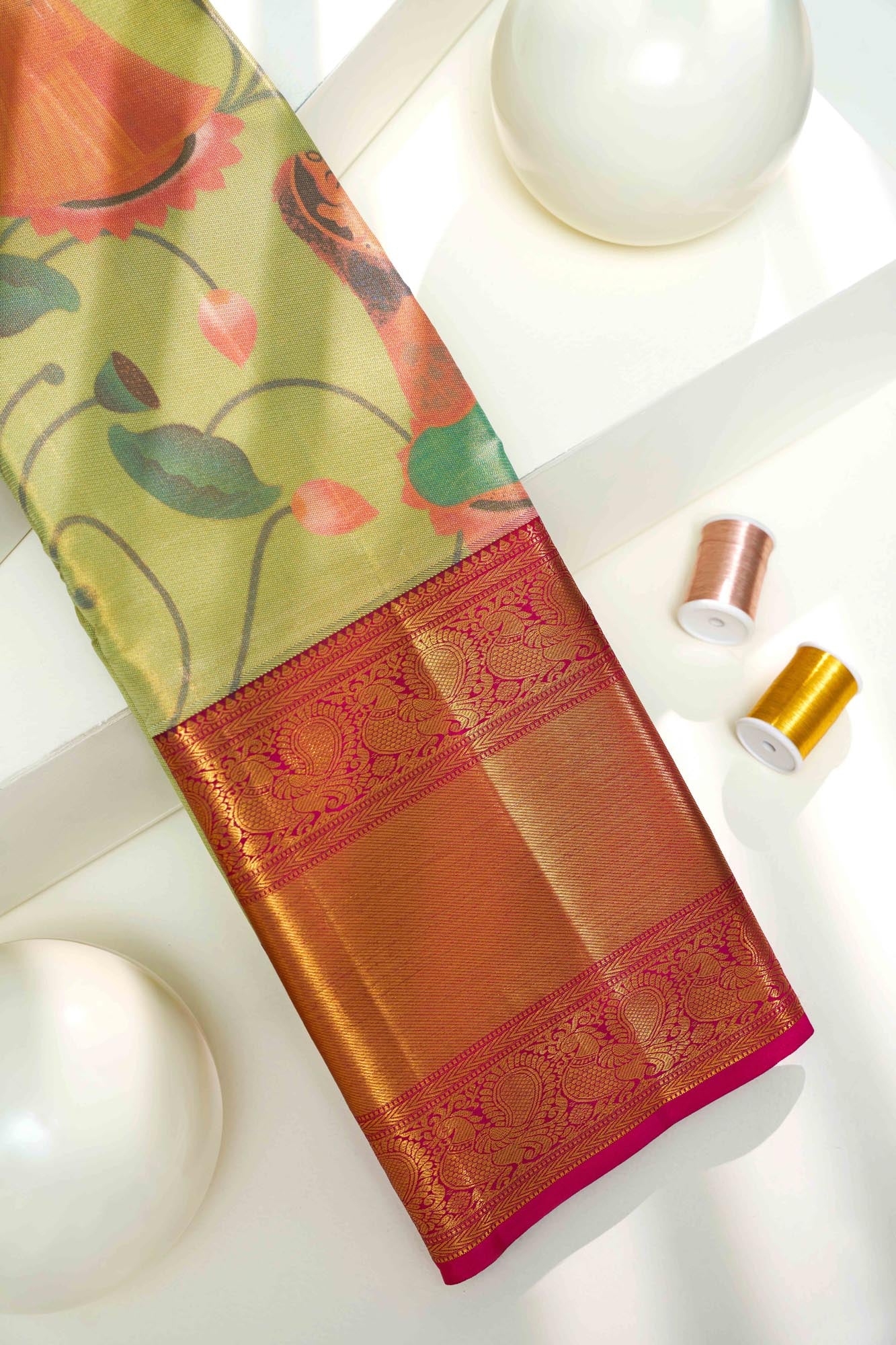 Traditional Figure & Lotus Bud Pen-Kalamkari Tissue Silk Saree