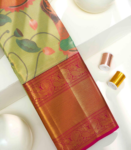 Traditional Figure & Lotus Bud Pen-Kalamkari Tissue Silk Saree