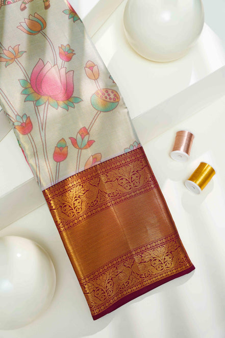 Lotus Pond & Kamadhenu Cow Kalamkari Tissue Silk Saree