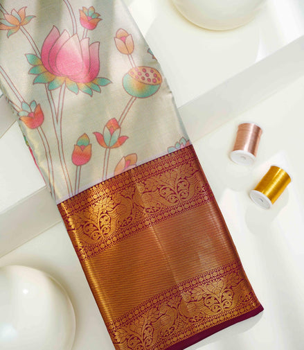 Lotus Pond & Kamadhenu Cow Kalamkari Tissue Silk Saree