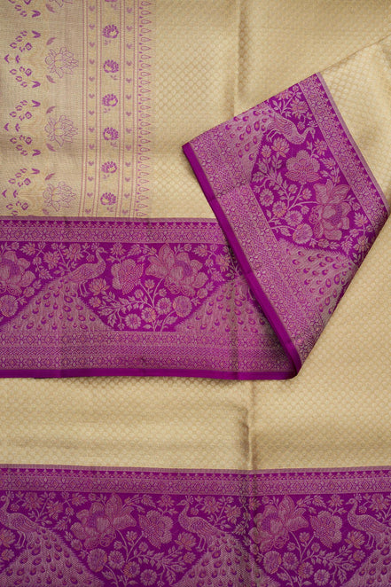 Micro-Geometric Diamond Grid & Peacock Floral Tissue Silk Saree