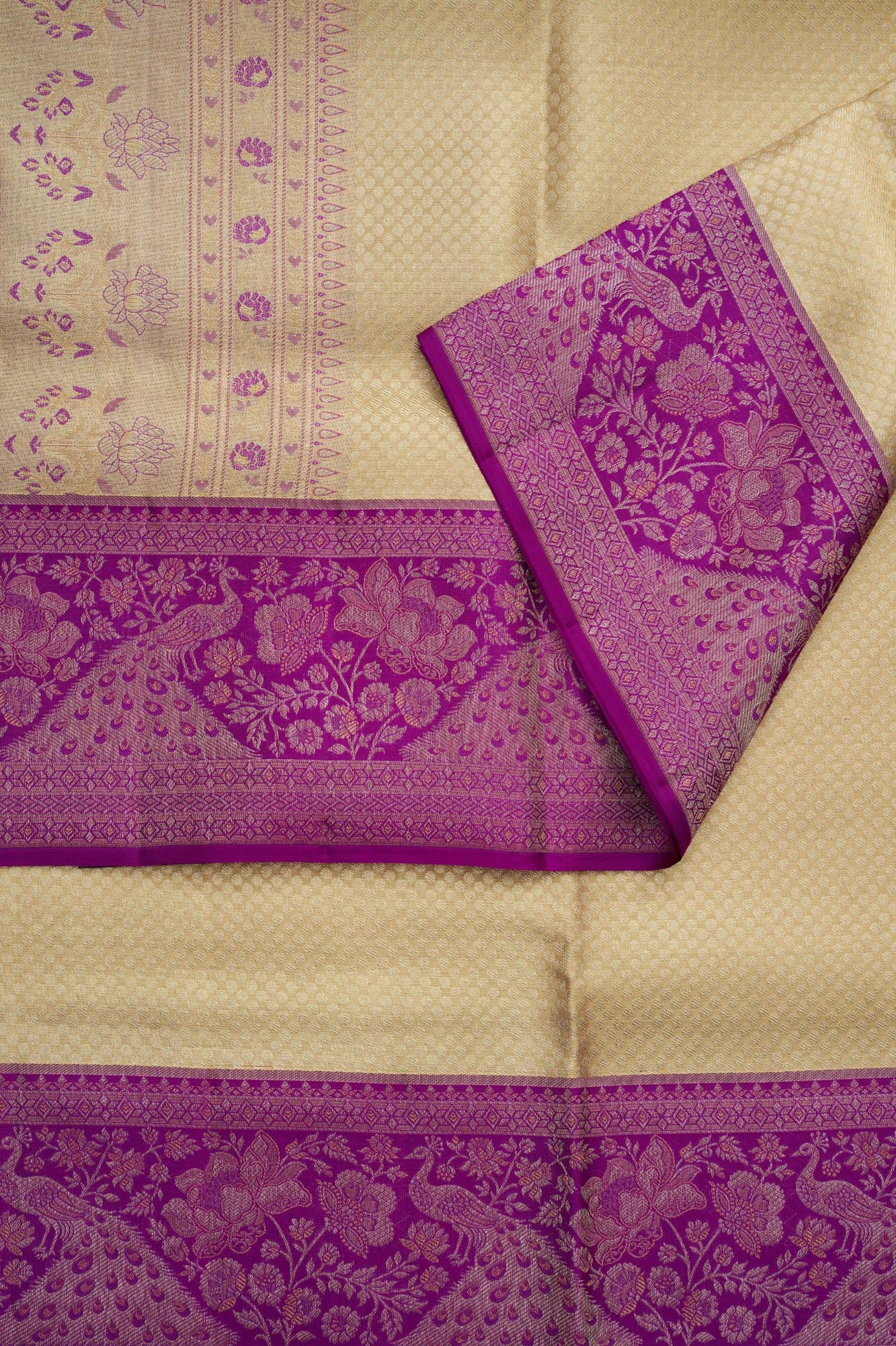 Micro-Geometric Diamond Grid & Peacock Floral Tissue Silk Saree