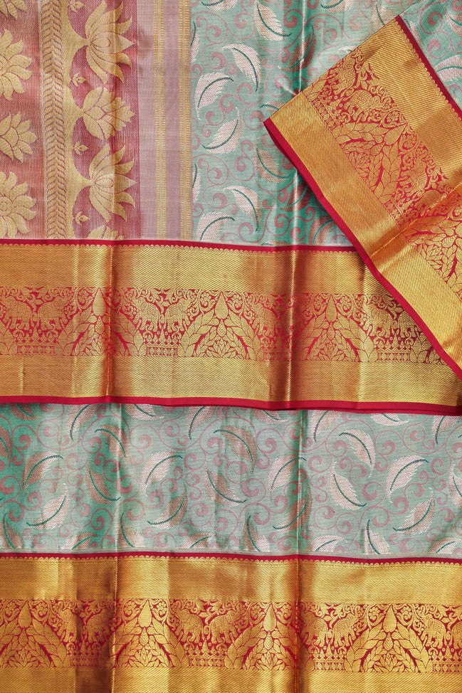 Curved Swirl Vines & Feather Leaf Motif Tissue Silk Saree