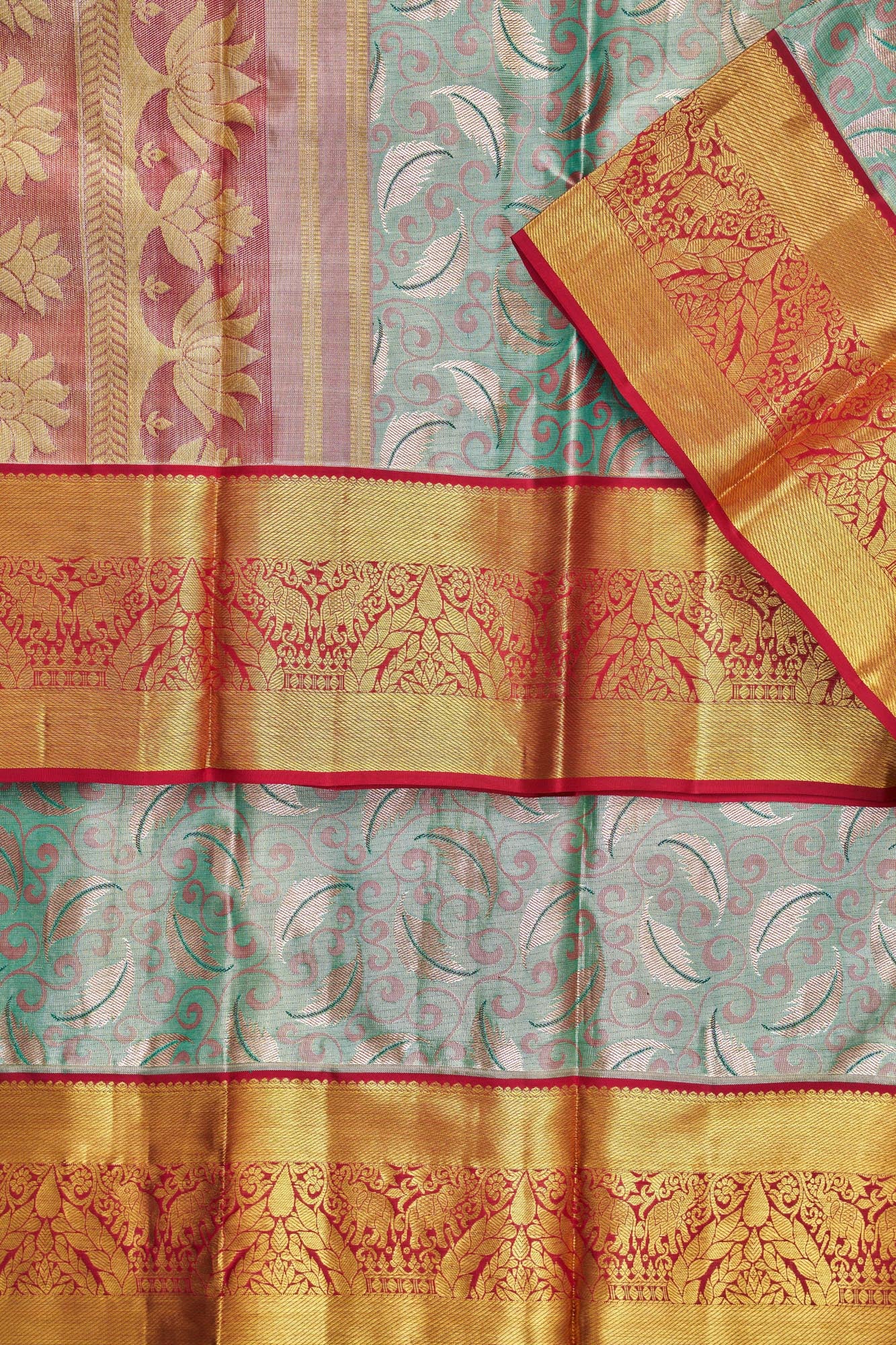 Curved Swirl Vines & Feather Leaf Motif Tissue Silk Saree