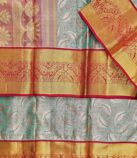 Curved Swirl Vines & Feather Leaf Motif Tissue Silk Saree