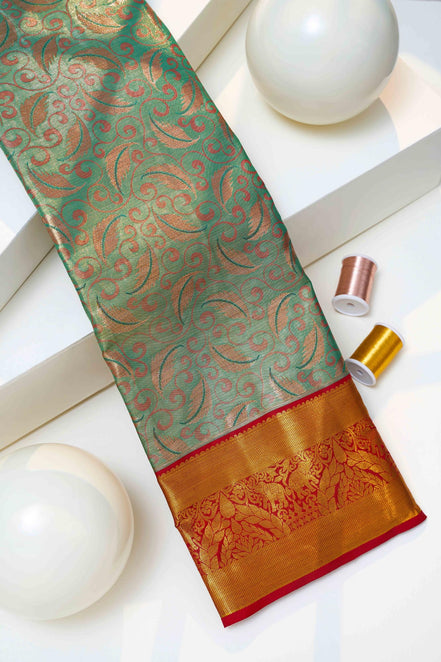 Curved Swirl Vines & Feather Leaf Motif Tissue Silk Saree