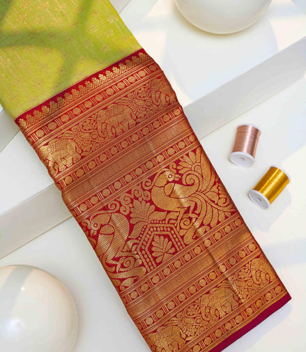 Vertical Floral Creeper & Yaanai-Mayil Motif Bridal Pure Silk Saree