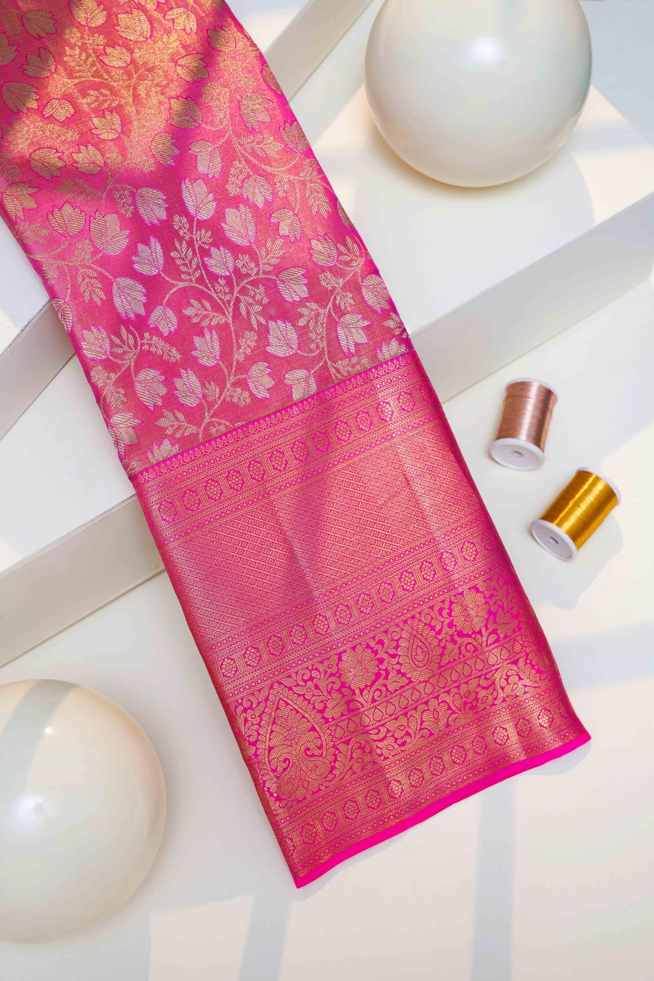 Floral Design Full Saree with Silver Zari Work