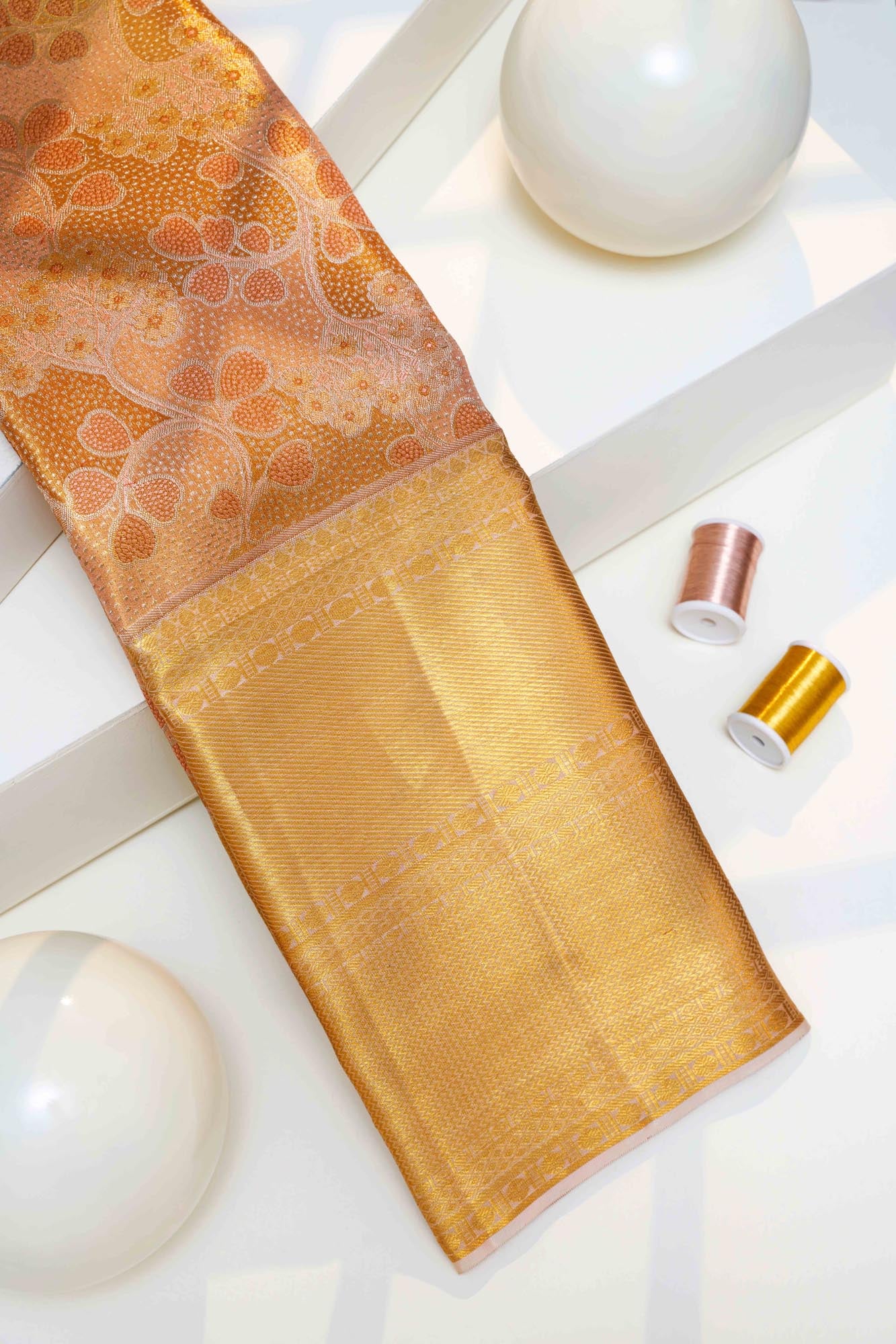 Peach Blossom Foliage Jaal & Mustard Gold Zari Tissue Silk Saree (Silver Touch Revalue)