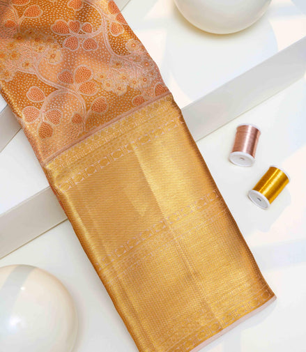 Peach Blossom Foliage Jaal & Mustard Gold Zari Tissue Silk Saree (Silver Touch Revalue)
