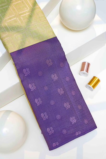 Geometric Grid & Peacock Motif Tissue Silk Saree (Silver touch with revalue)