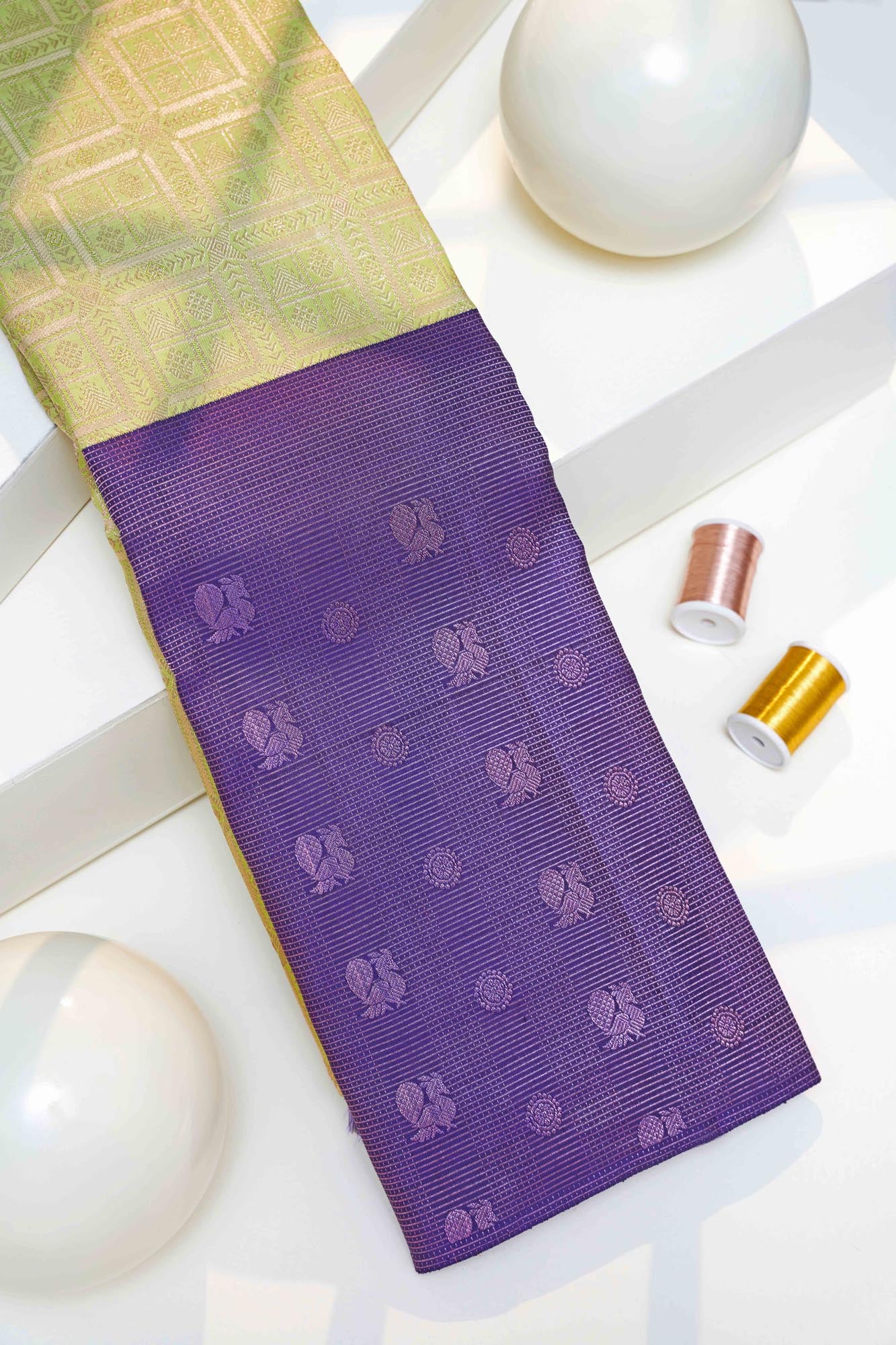 Geometric Grid & Peacock Motif Tissue Silk Saree (Silver touch with revalue)