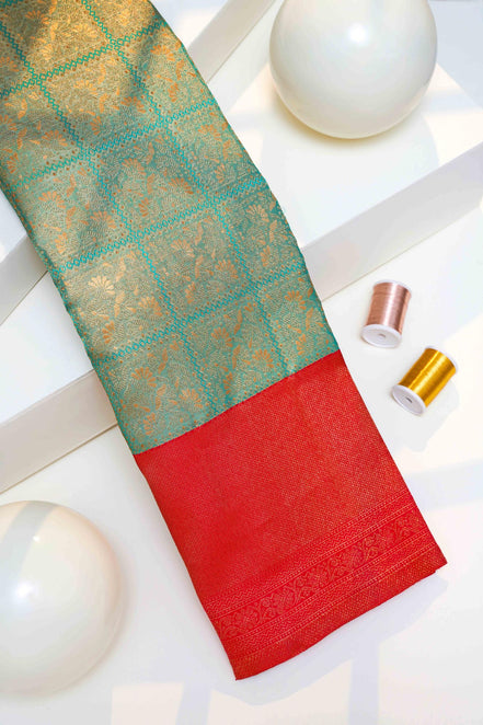 Geometric Square Grid & Floral Jaal Tissue Silk Saree (Silver Touch with Revalue)
