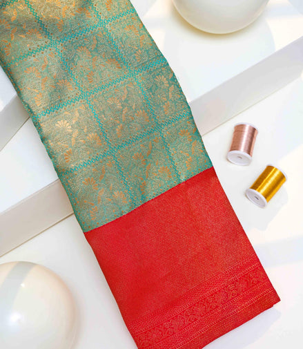 Geometric Square Grid & Floral Jaal Tissue Silk Saree (Silver Touch with Revalue)