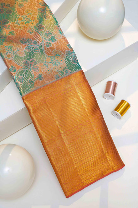 Multi-Tone Foliage Jaal & Mustard Gold Zari Tissue Silk Saree (Silver Touch Revalue)