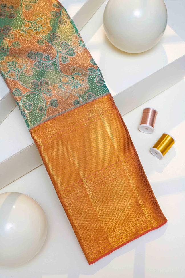 Multi-Tone Foliage Jaal & Mustard Gold Zari Tissue Silk Saree (Silver Touch Revalue)