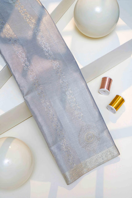 Vertical Floral Vines & Medallion Full Silver Zari Tissue Silk Saree