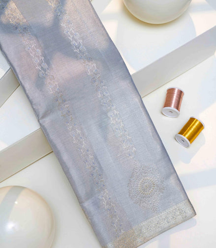 Vertical Floral Vines & Medallion Full Silver Zari Tissue Silk Saree