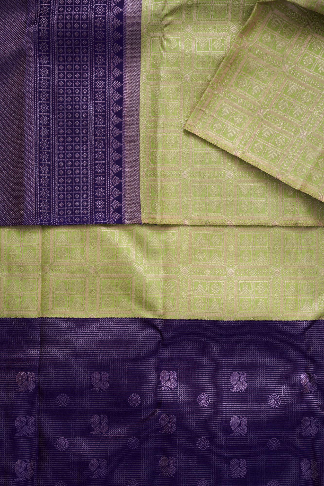 Geometric Grid & Peacock Motif Tissue Silk Saree (Silver touch with revalue)