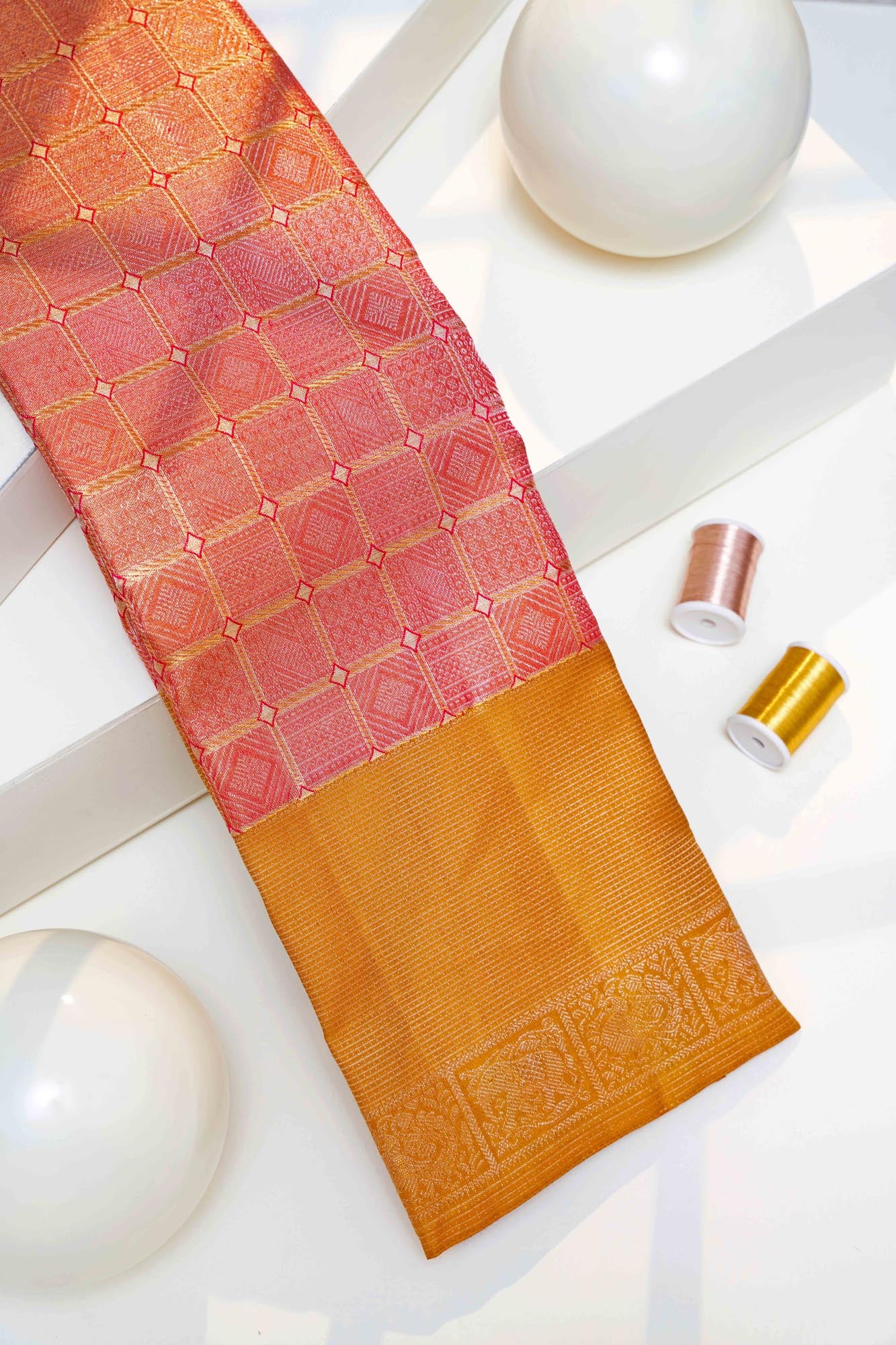 Tiny Diamond & Geometric Grid Tissue Silk Saree (Silver Zari with revalue)