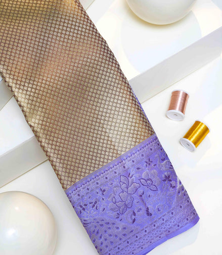 Traditional Micro-Dotted Grid & Floral Peacock Tissue Silk Saree