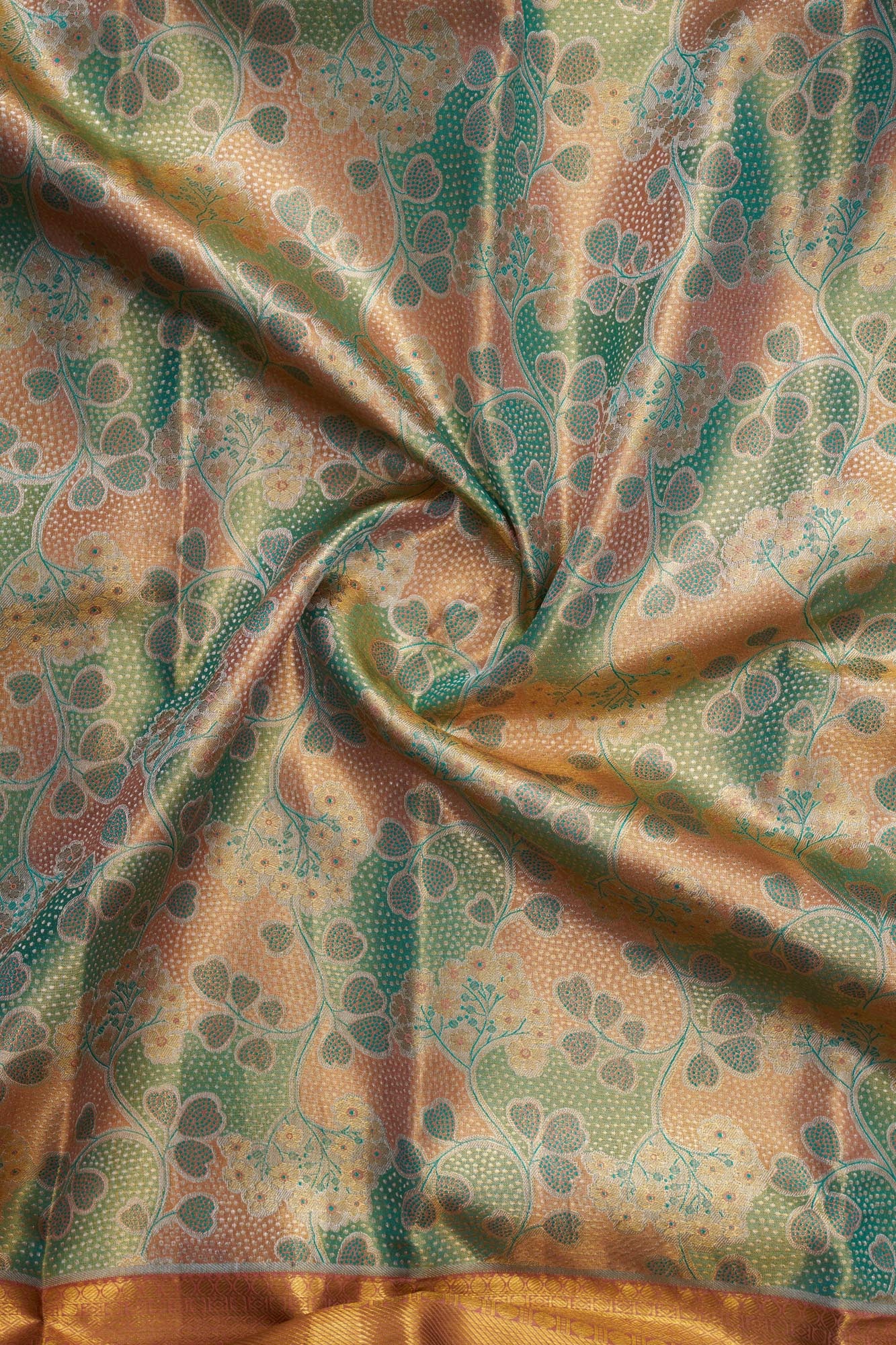 Multi-Tone Foliage Jaal & Mustard Gold Zari Tissue Silk Saree (Silver Touch Revalue)
