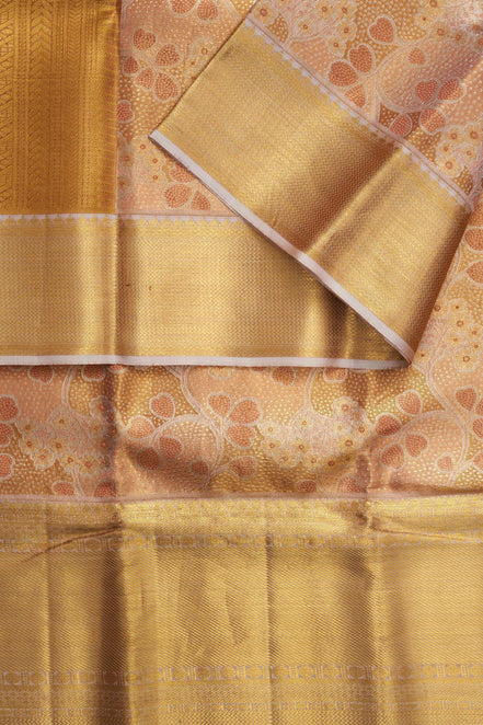Peach Blossom Foliage Jaal & Mustard Gold Zari Tissue Silk Saree (Silver Touch Revalue)
