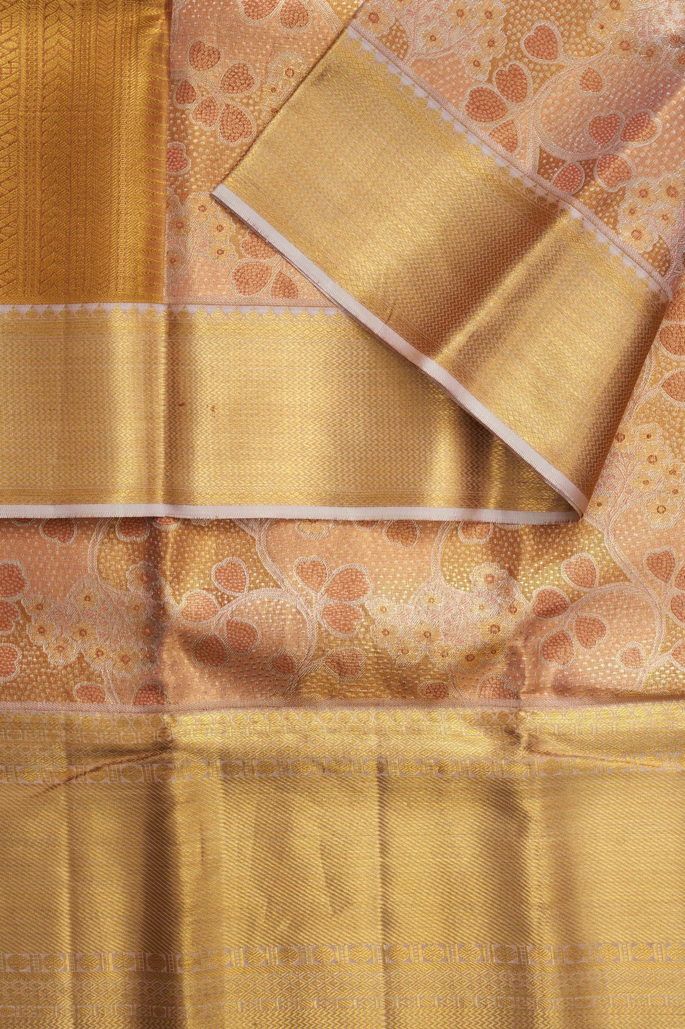 Peach Blossom Foliage Jaal & Mustard Gold Zari Tissue Silk Saree (Silver Touch Revalue)