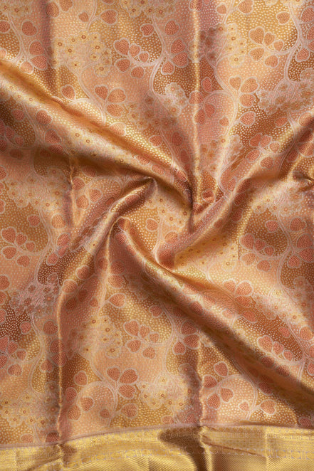 Peach Blossom Foliage Jaal & Mustard Gold Zari Tissue Silk Saree (Silver Touch Revalue)