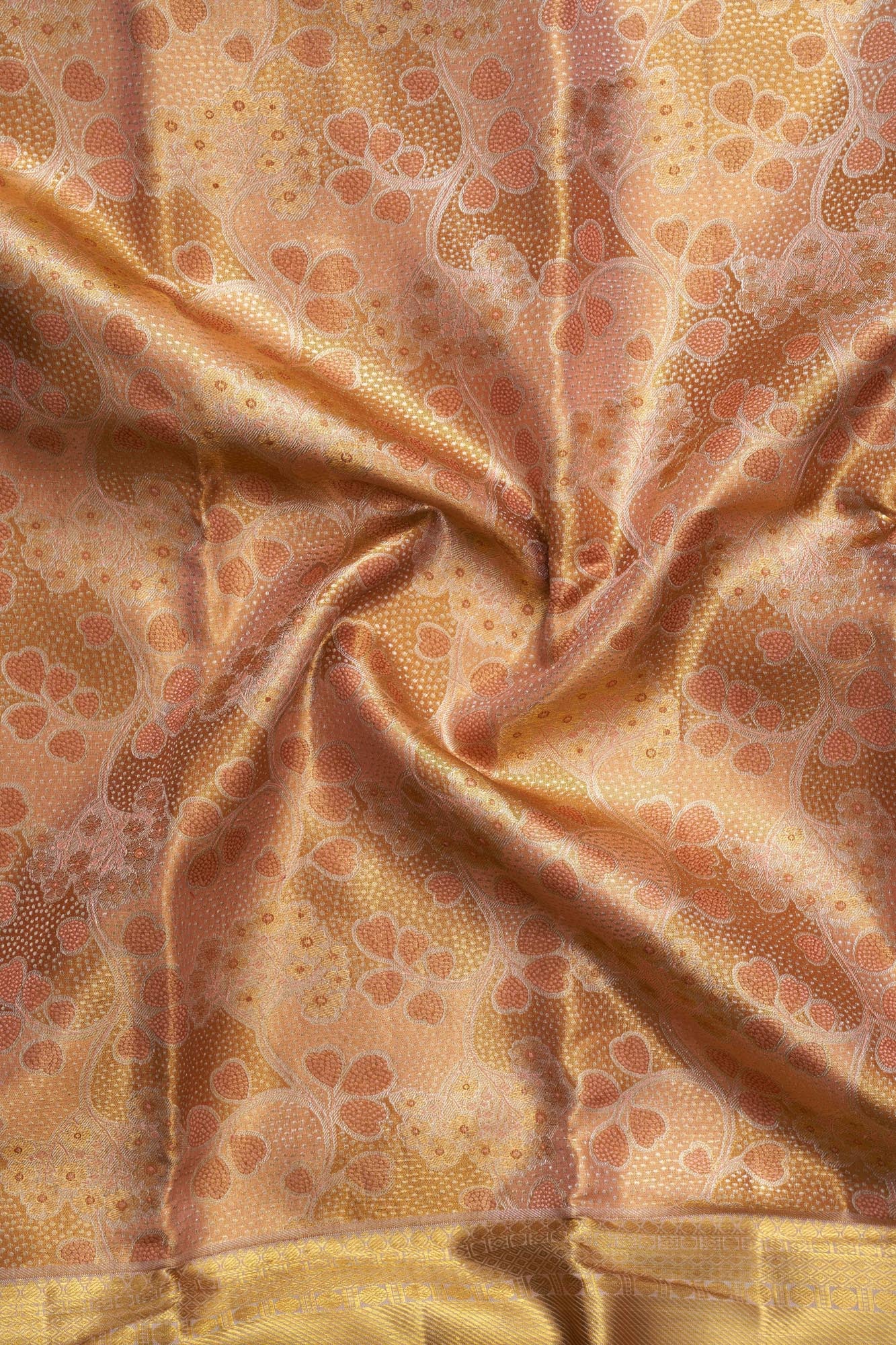 Peach Blossom Foliage Jaal & Mustard Gold Zari Tissue Silk Saree (Silver Touch Revalue)