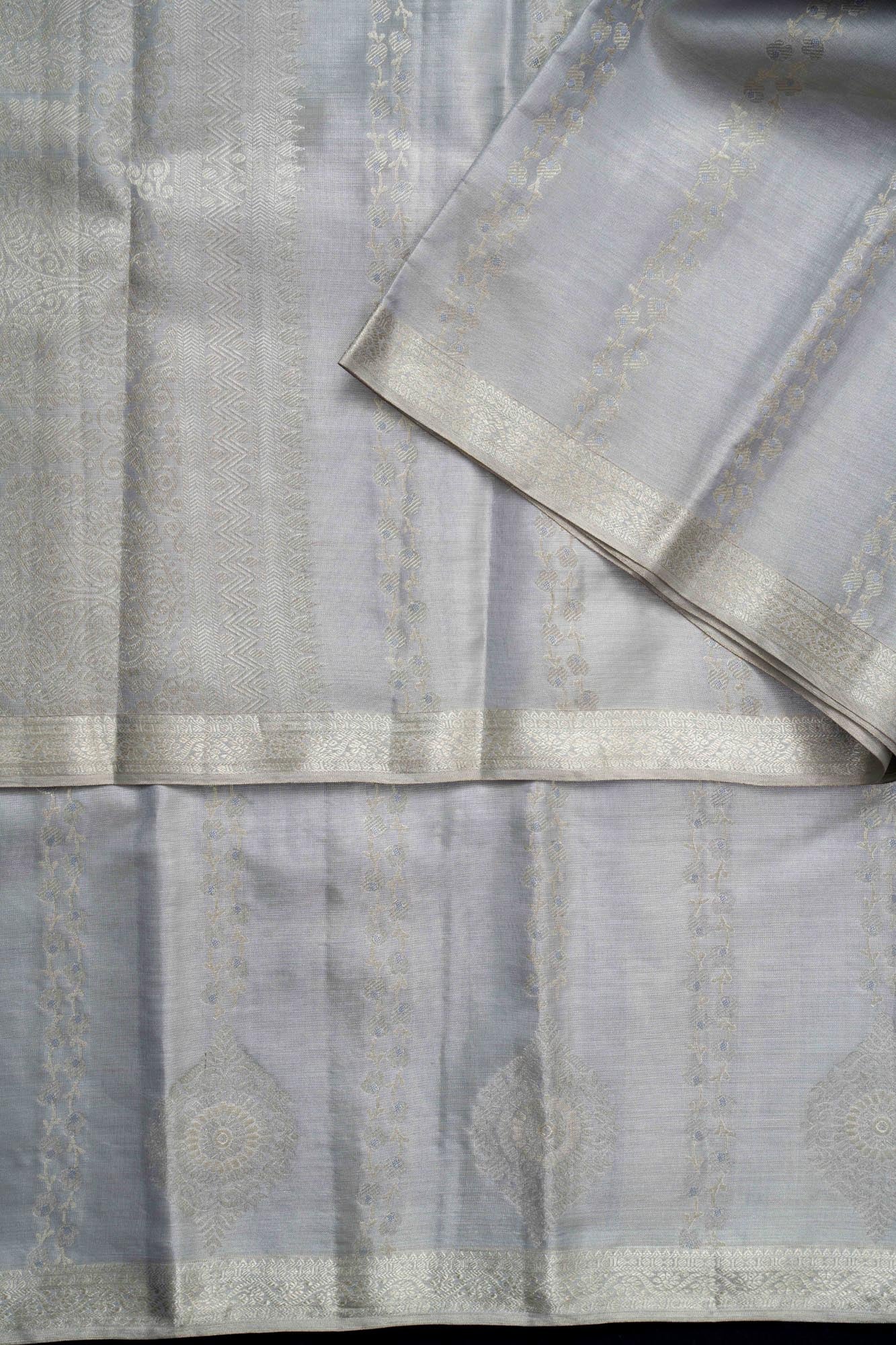 Vertical Floral Vines & Medallion Full Silver Zari Tissue Silk Saree