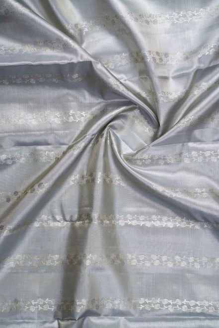 Vertical Floral Vines & Medallion Full Silver Zari Tissue Silk Saree