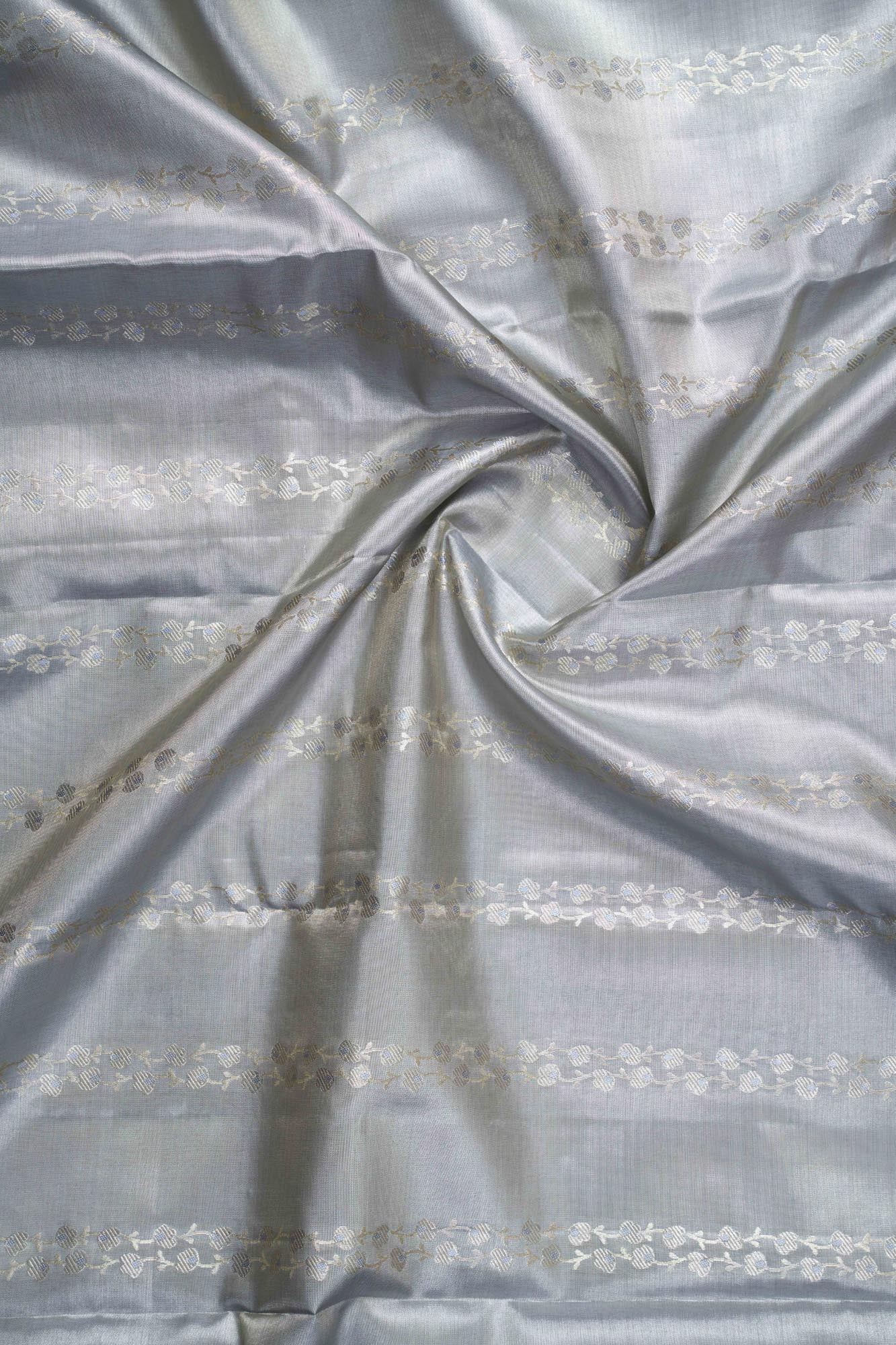 Vertical Floral Vines & Medallion Full Silver Zari Tissue Silk Saree