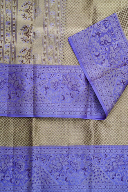 Traditional Micro-Dotted Grid & Floral Peacock Tissue Silk Saree