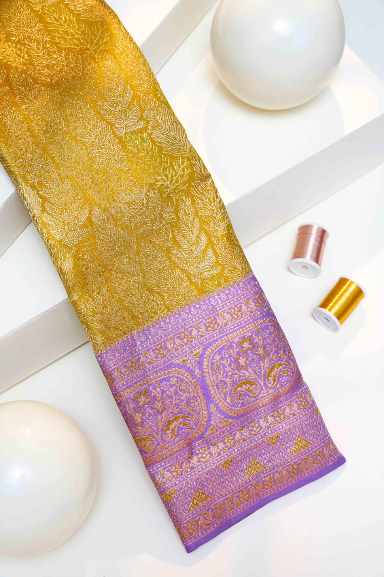 Fancy Seamless Leaves Pattern Tissue Silk Saree
