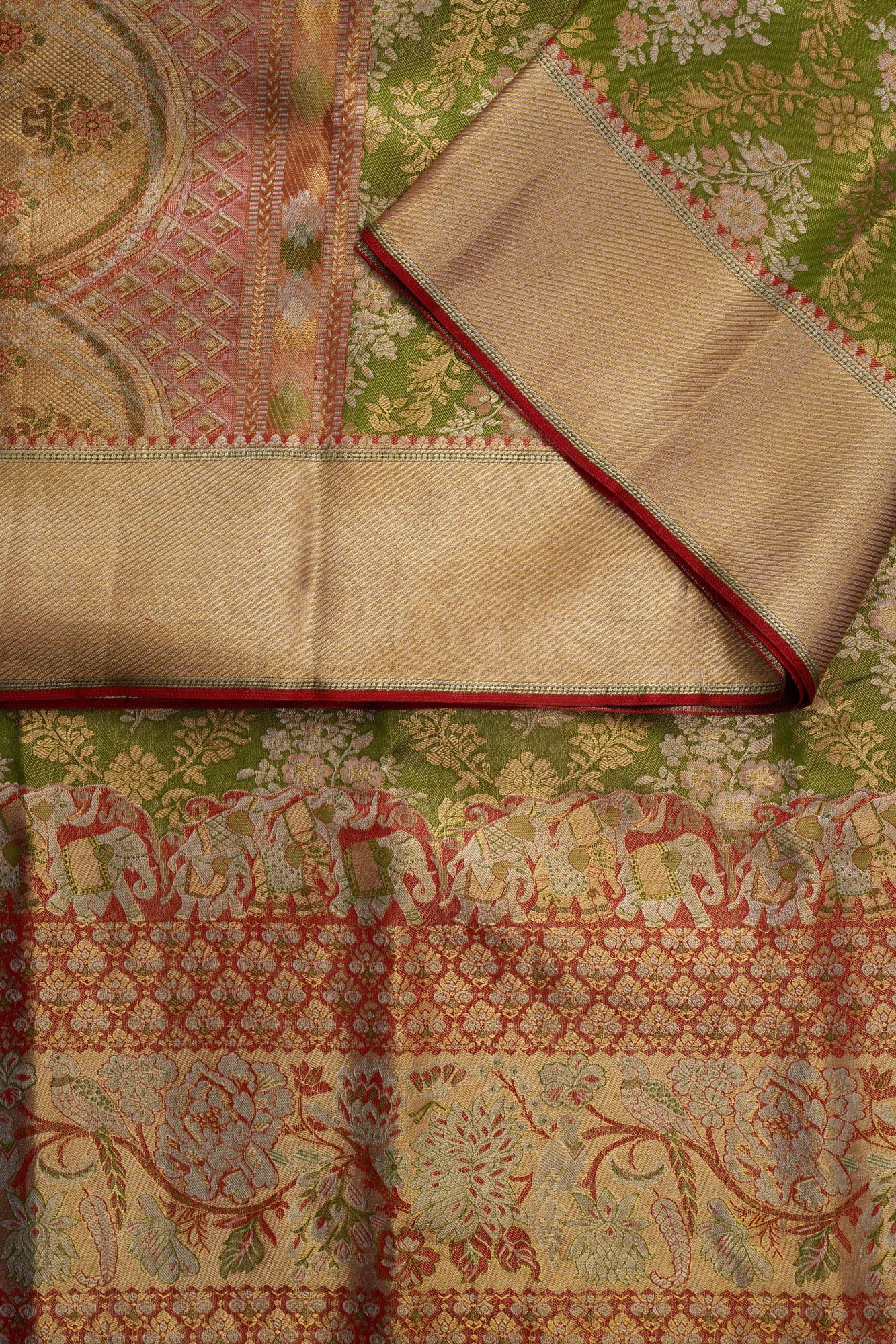 Meenakari Floral Jaal & Royal Elephant Motif Tissue Silk Saree
