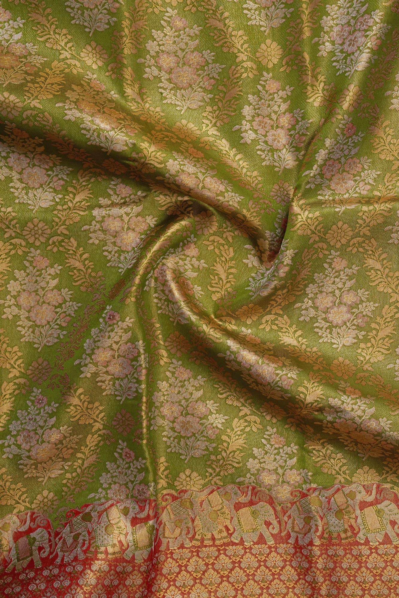 Meenakari Floral Jaal & Royal Elephant Motif Tissue Silk Saree
