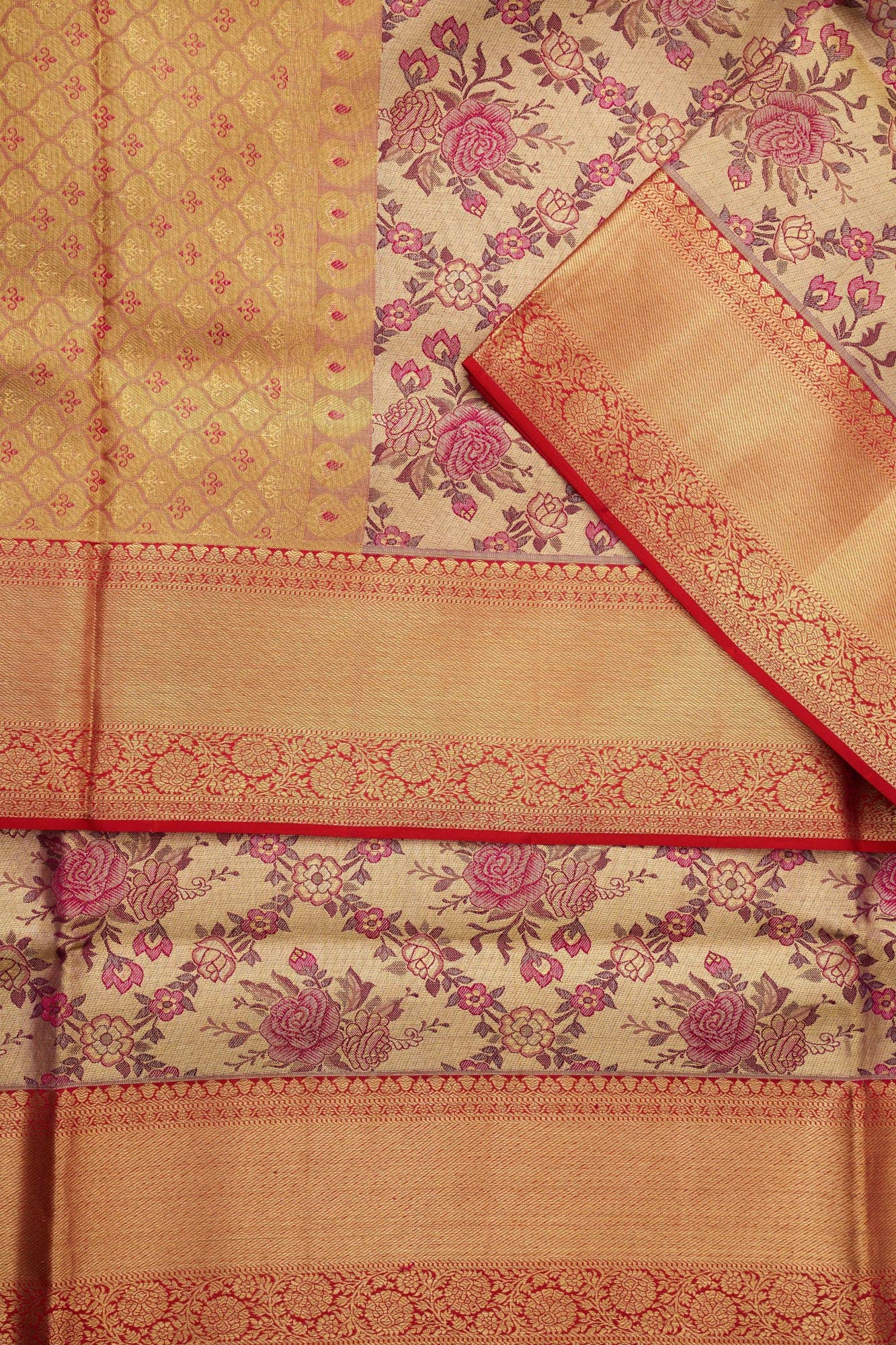 Rose Floral Trellis Meenakari Pure Tissue Silk Saree
