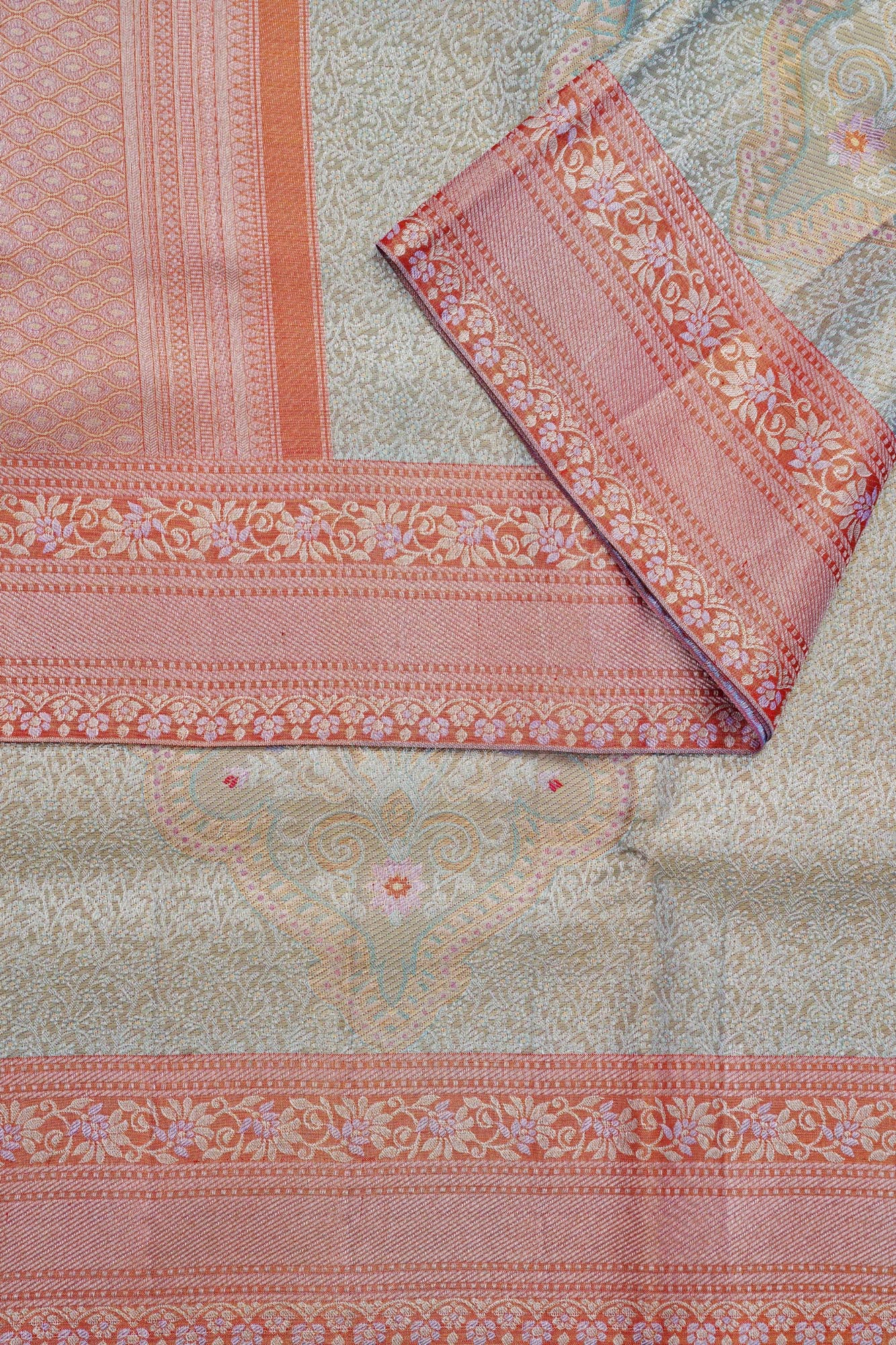 Traditional Paisley Medallion & Floral Jaal Pure Silver Zari Tissue Silk Saree (Pure Silver Zari with revalue)