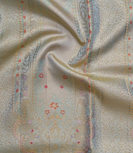 Traditional Paisley Medallion & Floral Jaal Pure Silver Zari Tissue Silk Saree (Pure Silver Zari with revalue)